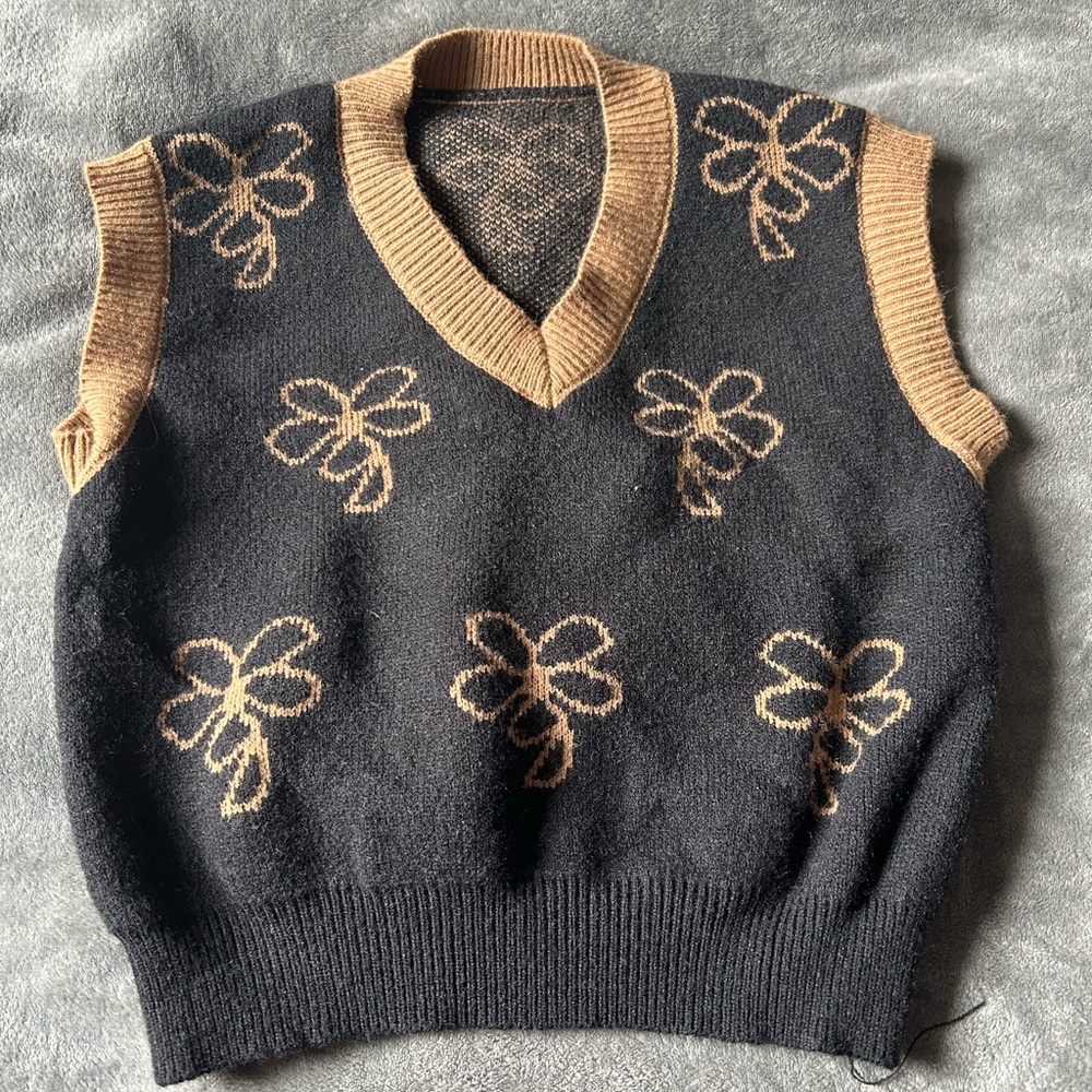 Black and Tan Floral Knit Vest